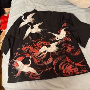 Black Kimono with Crane and Red Wave Design